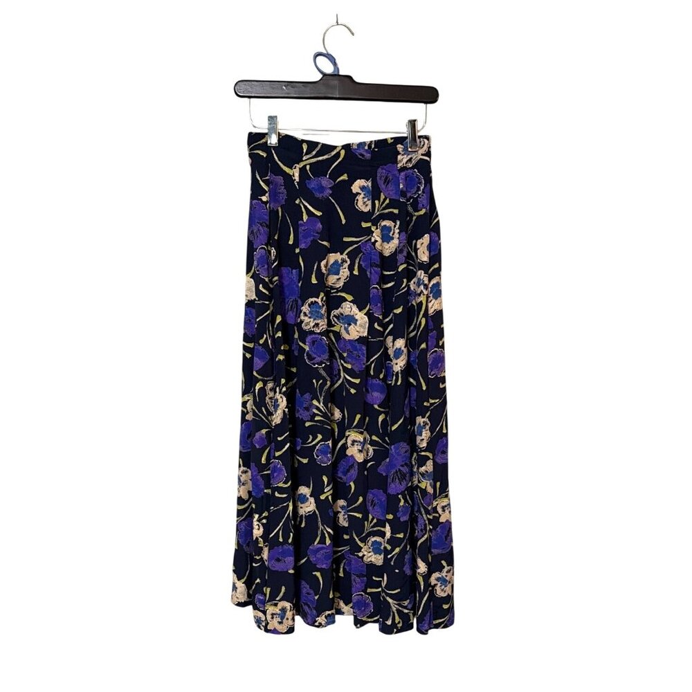 Vtg Maggie Lawrence Floral Maxi Skirt Elastic Waist Navy Purple USA Made